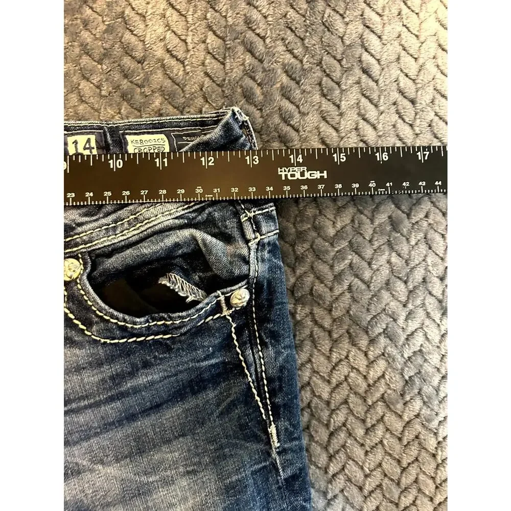 Miss Me Cropped Jeans Girls 14 Blue Denim Rhinestone Embellished Straight Leg